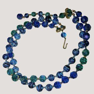 Necklace Vintage Strand Artisan Blue Teal Beaded Hook Clasp Retro Jewelry Glass